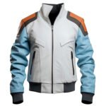 Men’s Sky Blue & Light Grey Sheepskin Moto Aviator Leather Jacket front