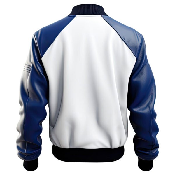 Men’s White Blue Genuine Sheepskin Leather Bomber Jacket back