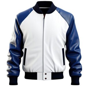 Men’s White Blue Genuine Sheepskin Leather Bomber Jacket front