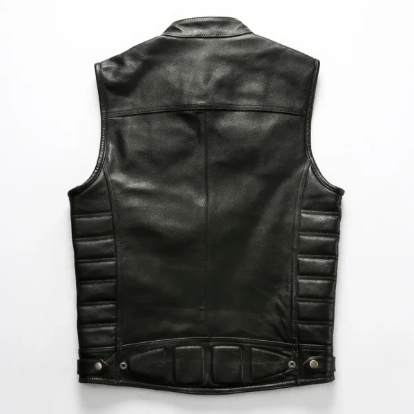 Men’s Black Genuine Cowhide Leather Biker Vest, Quilted Slim-Fit Sleeveless Motorcycle Waistcoat back