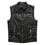 Men’s Black Genuine Cowhide Leather Biker Vest, Quilted Slim-Fit Sleeveless Motorcycle Waistcoat front