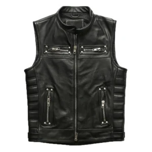 Men’s Black Genuine Cowhide Leather Biker Vest, Quilted Slim-Fit Sleeveless Motorcycle Waistcoat front