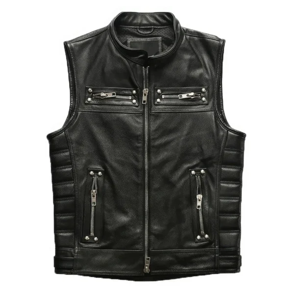Men’s Black Genuine Cowhide Leather Biker Vest, Quilted Slim-Fit Sleeveless Motorcycle Waistcoat front